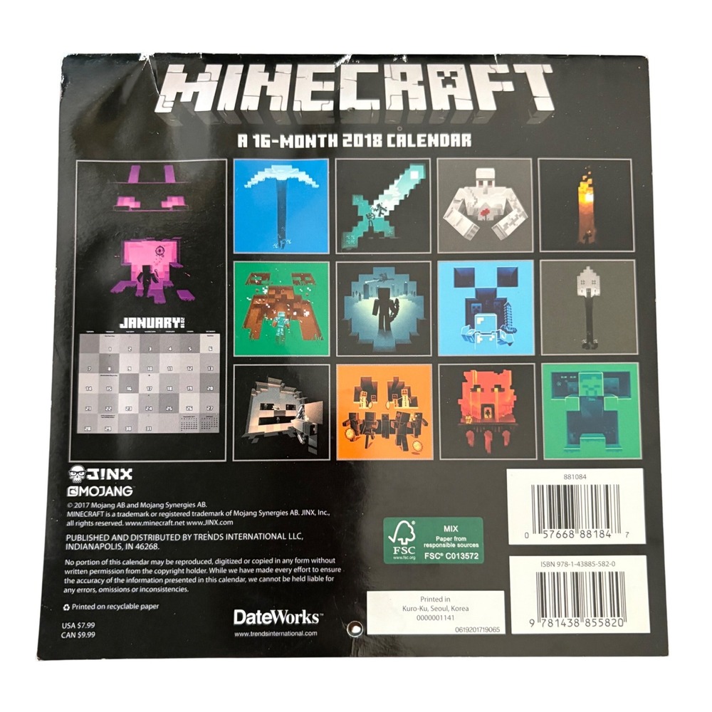 Minecraft 16-Month 2018 Wall Calendar JINX Trends Mojang Art *Used